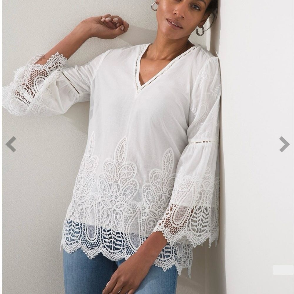 Chico's embroidered lace white romantic tunic top lined vacation 100%cotton